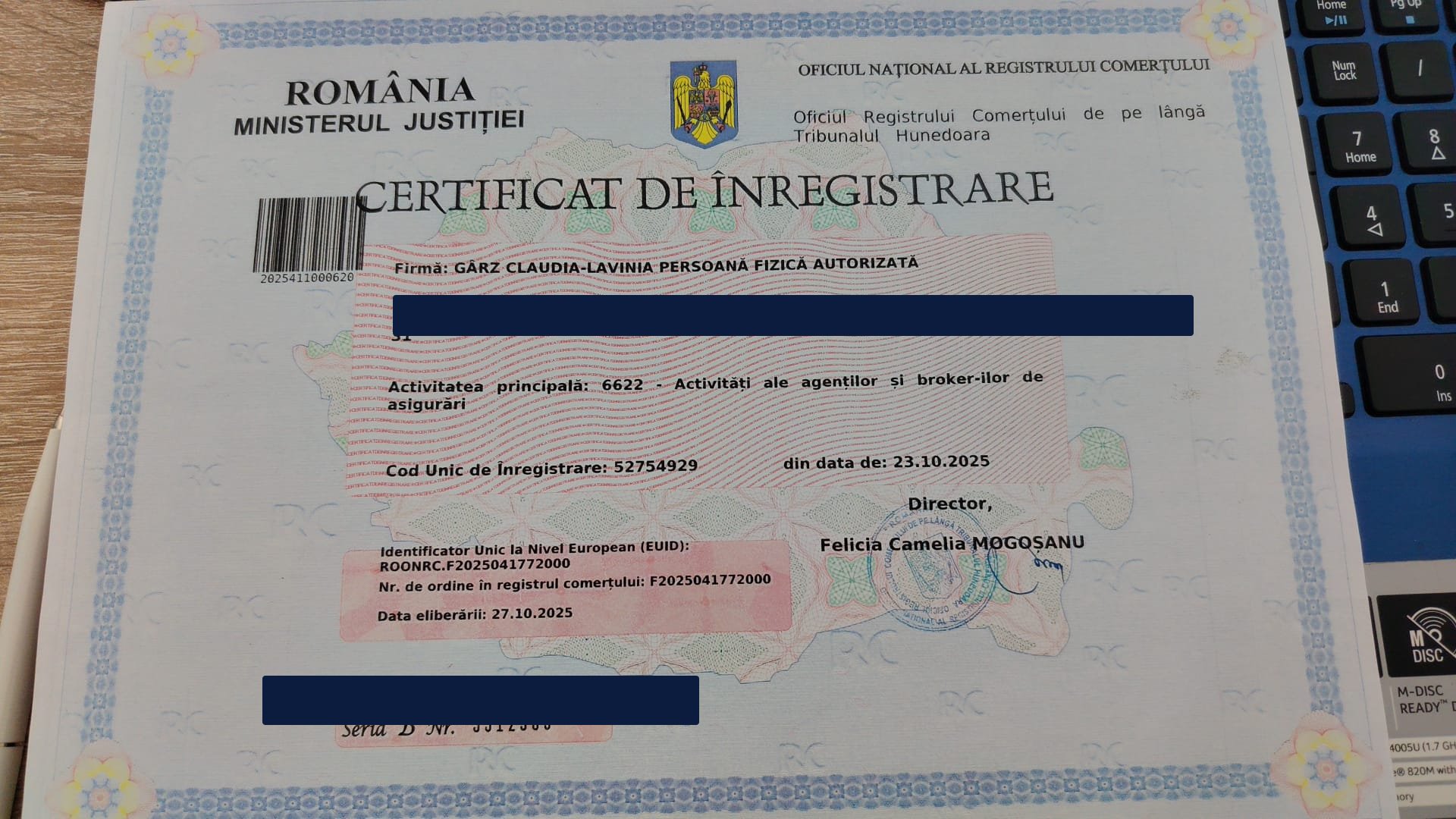 Certificat PFA Gârz Claudia-Lavinia